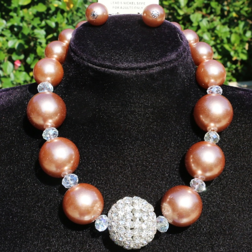 Chunky Boho Faux Pearl Bronze Necklace Earring Set